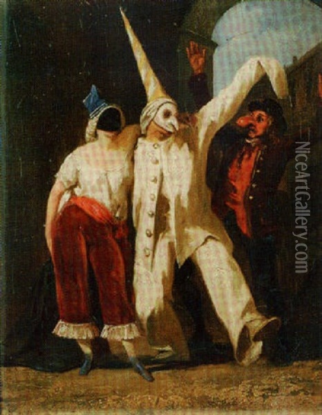 Pulcinello With Commedia Dell'arte Figures Oil Painting - Francesco Gonin