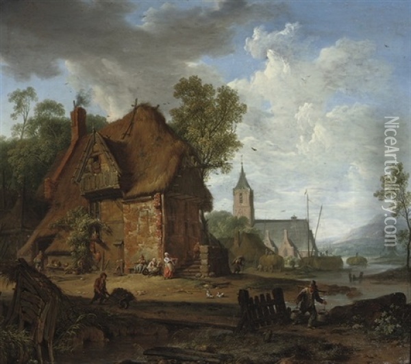 A Farmhouse With Peasants Working By A River Oil Painting - Hendrick De Meijer
