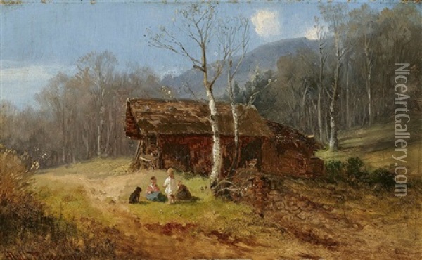 Children Near A Hut In The Alpine Upland Oil Painting - Anton Doll