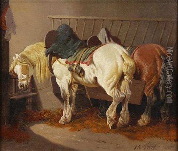 Horses In A Barn Oil Painting - Theodore Fort
