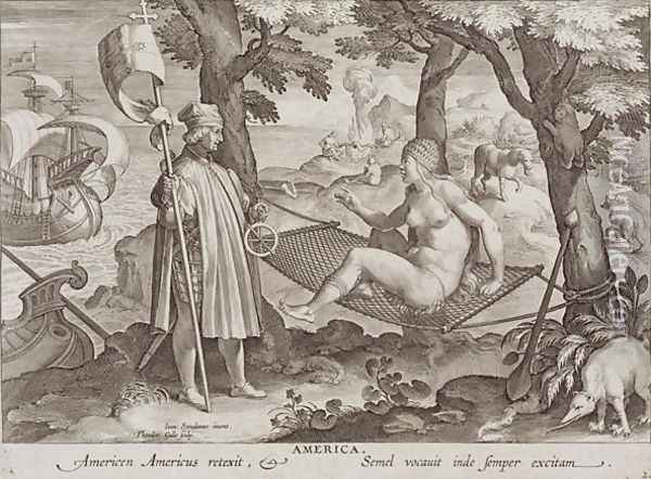 Columbus Discovering America, plate 2 from Nova Reperta New Discoveries engraved by Theodor Galle 1571-1633 c.1600 2 Oil Painting - Giovanni Stradano