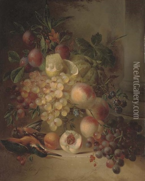 Grapes, A Lemon, Plums, Blackcurrants And Peaches In A Bowl By A Kingfisher And A Chaffinch By A Pillar Oil Painting - Hendrik Jan Hein