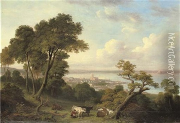 View Of Penzance, Cornwall, A Milkmaid And Cattle In The Foreground, And St. Michael's Mount Beyond Oil Painting - Richard Thomas Pentreath
