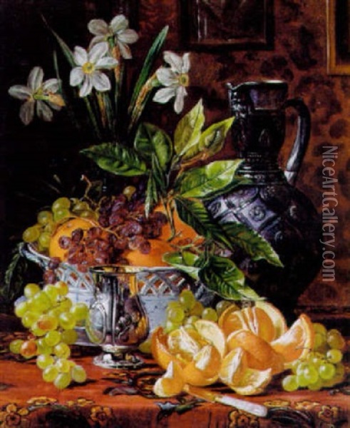 Opstilling Med Frugter I En Gennembrudt Skal, I Forgrunden Pillede Appelsiner Oil Painting - Sofus Petersen