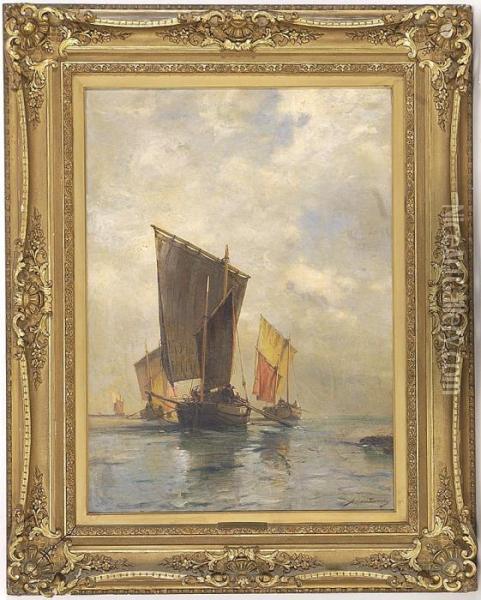 Departing Fishing Boats,coast Of Cornwall Oil Painting - Arthur Quartley