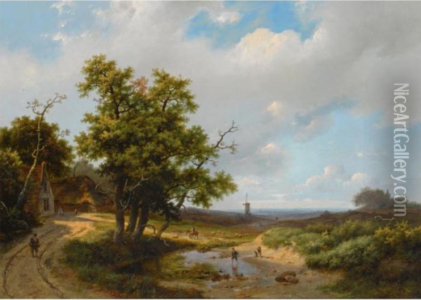 Travellers In An Extensive Summer Landscape Oil Painting - Marianus Adrianus Koekkoek