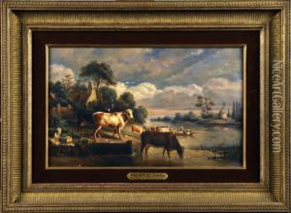 Vache S'abreuvant A La Riviere Oil Painting - Charles Alexis Malapeau