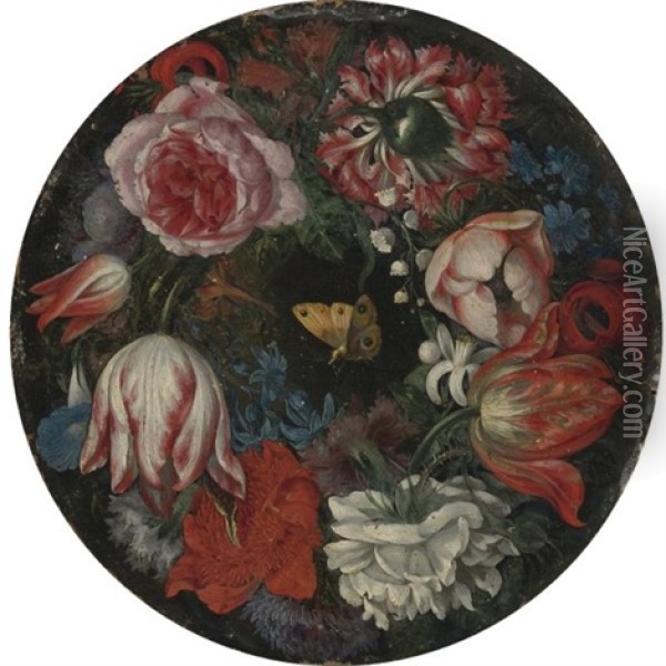 Wreath Of Roses, Carnations, Anemonies, Morning Glories, Hyacinths, Tulips, Lily Of The Valley, And A Butterfly Oil Painting - Juan Van Der Hamen Y Leon