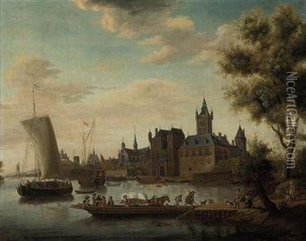 A Coastal Landscape With Shipping Beside A City Oil Painting - Jacobus Storck