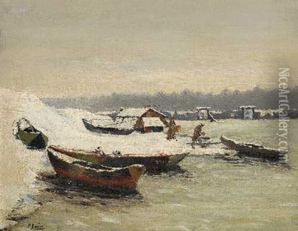 Boote Am Verschneiten Flussufer Oil Painting - Paul (Jean Marie) Sain