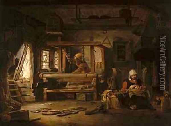 Interior of a Weavers Cottage with a Mother and Child Oil Painting - Cornelius Decker
