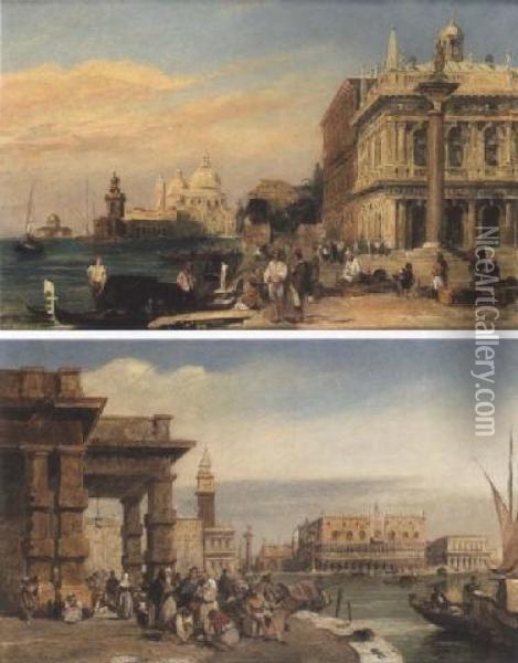The Dogana And Santa Maria Della
 Salute From The Piazzetta St Marco, Venice; The Doge's Palace From The 
Dogana, Venice Oil Painting - Edward Pritchett