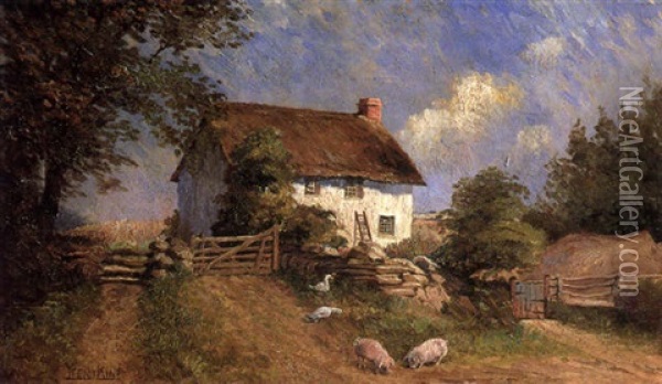 Pigs And Geese In Front Of A Thatched Cottage Oil Painting - Henry John Yeend King