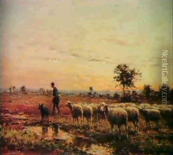 A Shepherd With His Flock At Sunset. Oil Painting - Jean Ferdinand Chaigneau