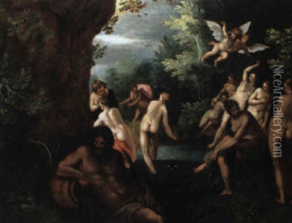 Diana And Her Nymphs Surprised By Actaeon Oil Painting - Hans Rottenhammer the Elder