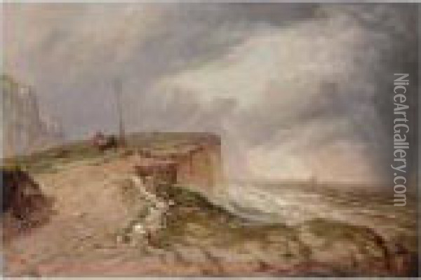 On The Cliffs In Stormy Weather Oil Painting - Thomas Sewell Robins