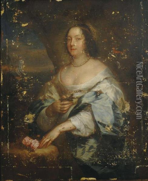 Portrait Of Diana Cecil, 
Countess Of Oxford, Standing Three-quarter-length, In A White Silk Gown 
With A Blue Wrap, With Pearl Earrings And Necklace, Holding A Flower In 
Her Right Hand Oil Painting - Sir Anthony Van Dyck