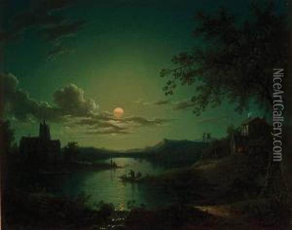 River Fishing By Moonlight - A Public House On One Bank, A Church On The Other Oil Painting - Sebastian Pether