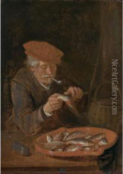 A Man Scaling Fish Oil Painting - Quiringh Gerritsz. van Brekelenkam