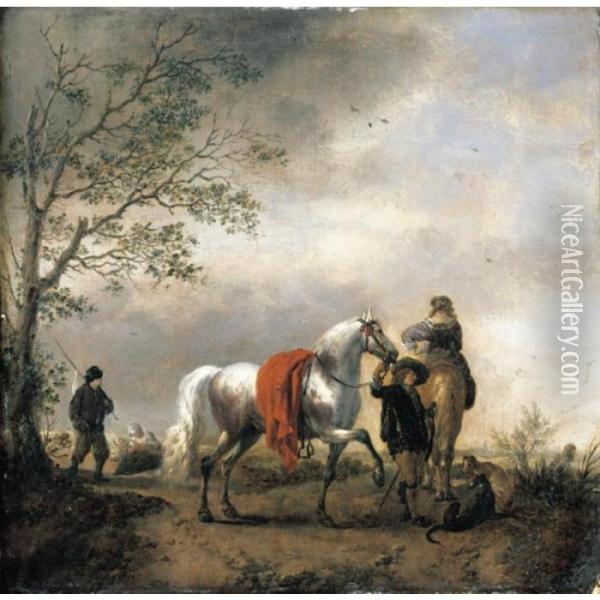 A Cavalier Holding A Dappled 
Grey Horse Together With A Mounted Lady, Dogs And Other Figures In A 
Landscape Oil Painting - Pieter Wouwermans or Wouwerman