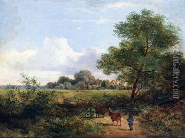 Herder With Cattle In Country Path Oil Painting - Adam Barland