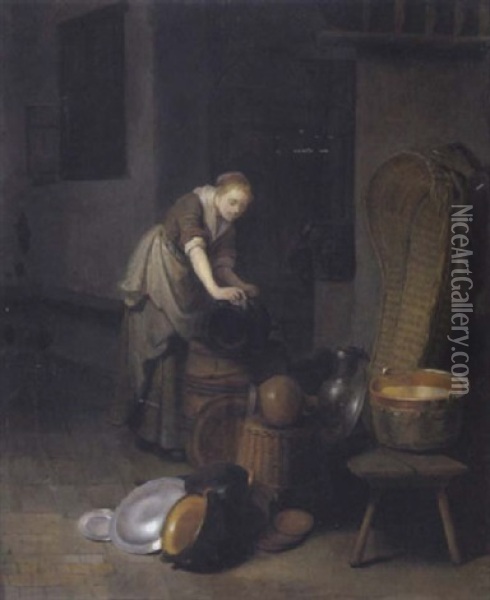 Eine Junge Frau Beim Reinigen Des Geschirrs Oil Painting - Gerrit Dou