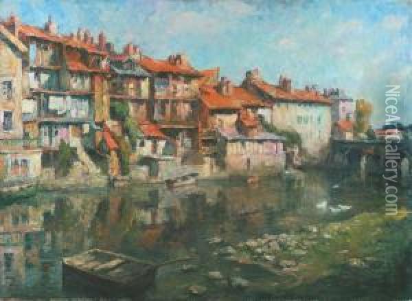 Vieilles Maisons Sur La Jordane A Aurillac (ca. 1928) Oil Painting - Georges Lemmers