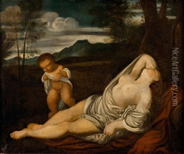 Ruhende Venus Mit Amor Oil Painting - Agostino Carracci