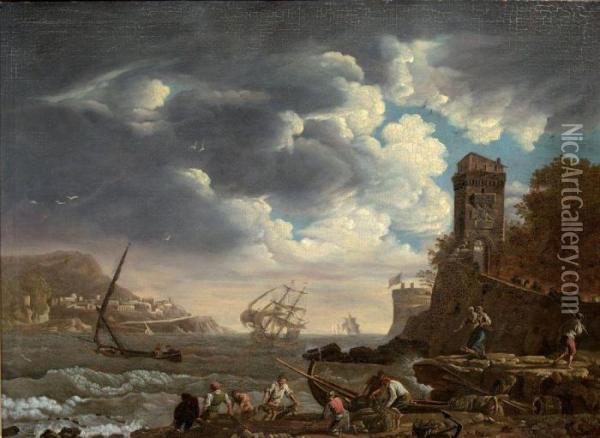 Haleurs De Filets Dans Un Port Mediterraneen Par Gros Temps Oil Painting - Claude-joseph Vernet