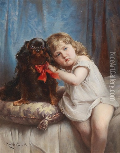 A Girl With A Cavalier King Charles Spaniel Oil Painting - Carl Reichert