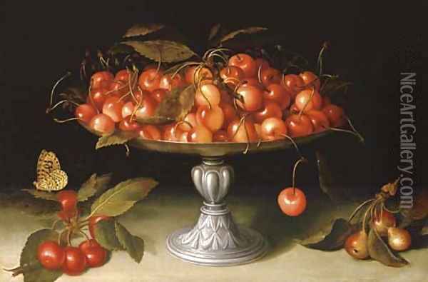 Cherries in a silver compote with crabapples on a stone ledge and a fritillary butterfly Oil Painting - Galizia Fede