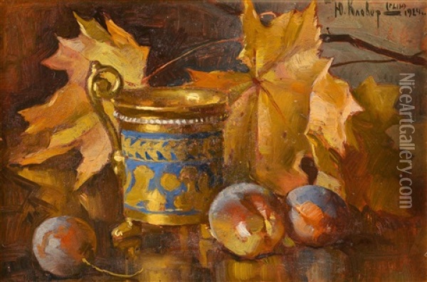 Still Life With Plums And Jug Oil Painting - Yuliy Yulevich Klever the Younger