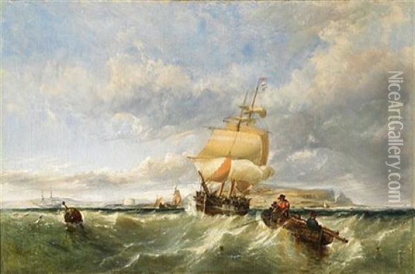 A Coastal Scene With Shipping And Figures In A Dinghy Hauling In Nets Oil Painting - Edwin Hayes