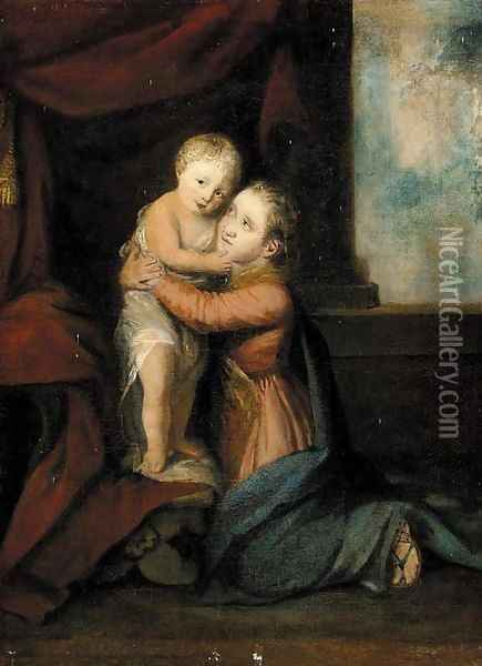 Portrait of Frances Johnson, full length, kneeling in a red dress with blue rap, clasping her infant cousin Master Gwatkin Oil Painting - Miss Frances Reynolds, Later Marchioness Of Thomond