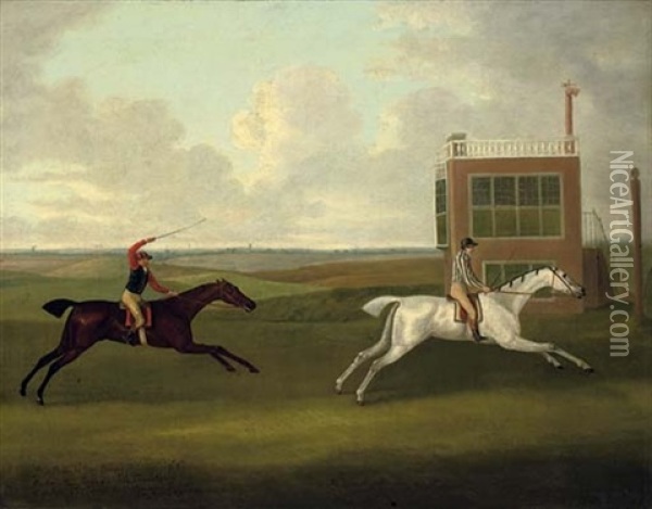 The Duke Of Bedford's "grey Diomed" Beating H.r.h, The Prince Of Wales's "traveller" Over The Beacon Course, Newmarket, 8 May 1790 Oil Painting - John Nost Sartorius
