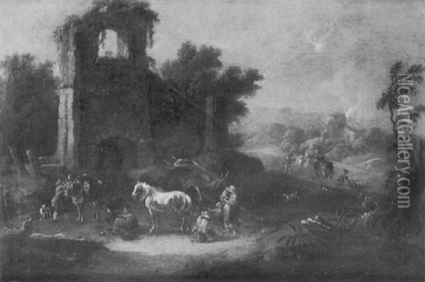 Halte De Nomades Pres De Ruines Oil Painting - Carel van Falens