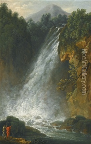 View Of A Traveller And A Fisherman By The Terni Waterfall And View Of A Traveller And Washerwoman By A Waterfall, A Monastery In The Distance (pair) Oil Painting - Francesco Fidanza