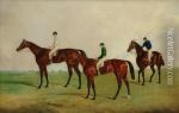 A Group Of Mounted Jockeys Oil Painting - James Pollard