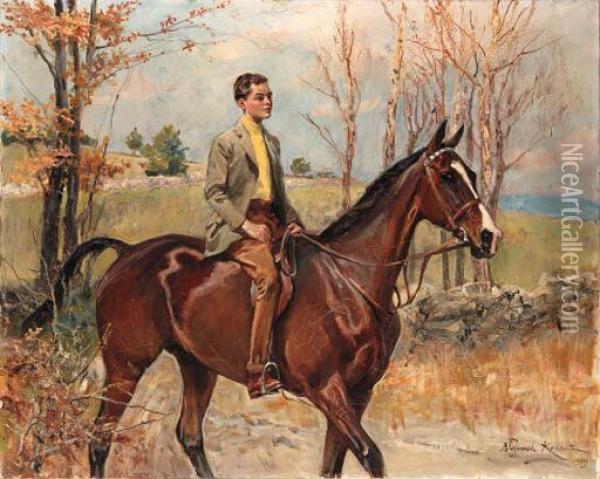 Young Man On A Bay Hunter Oil Painting - Wojciech Von Kossak