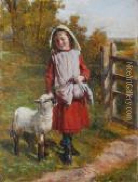 Girl With A Lamb By A Gate Oil Painting - William Hemsley