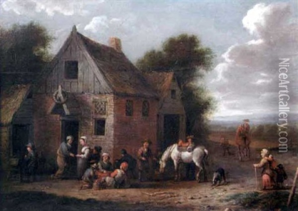 Peasants Outside An Inn, With A Traveller With A Grey Horse In The Foreground Oil Painting - Barend Gael