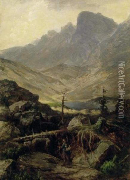 Meeting Of Hunters In The Mountains Oil Painting - Karoly Telepy