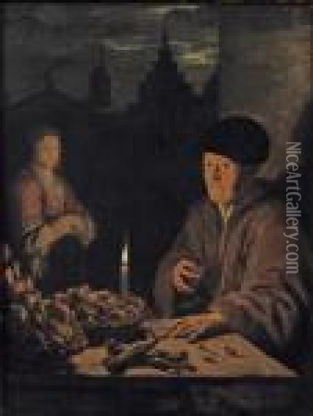 A Woman Selling Fish And Vegetables By Candle Light Oil Painting - Gerrit Dou