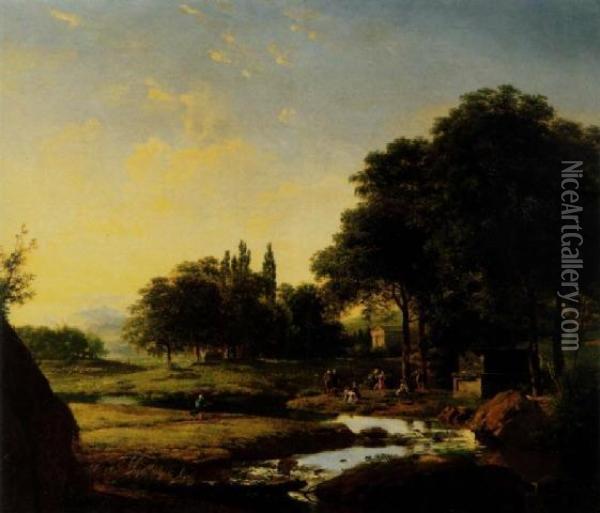 An Arcadian Landscape At Sunset 
With Figures Dancing Near A Tomb, A Classical Temple Beyond Oil Painting - Jean-Victor Bertin