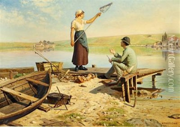 Ved Faergestedet Oil Painting - Niels Frederik Schiottz-Jensen