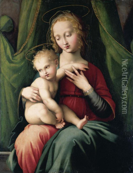The Madonna And Child Seated Beneath A Green Draped Curtain Oil Painting - Master Of The Scandicci Lamentation