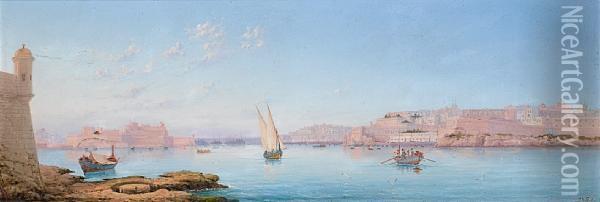Marsamxett Harbour At Sunset; The Grand Harbour From Senglea, A Pair Oil Painting - Luigi Maria Galea