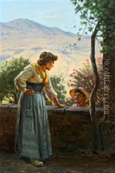 Conversing Italian Woman And Man Oil Painting - Niels Frederik Schiottz-Jensen