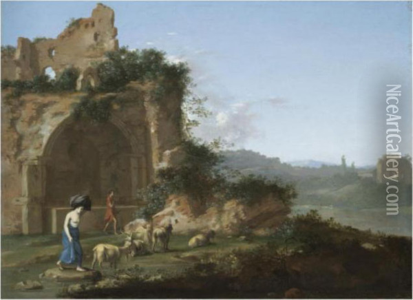 An Italianate Landscape With A Goat Herder And A Washerwoman Amongst Ruins Oil Painting - Cornelis Van Poelenburch