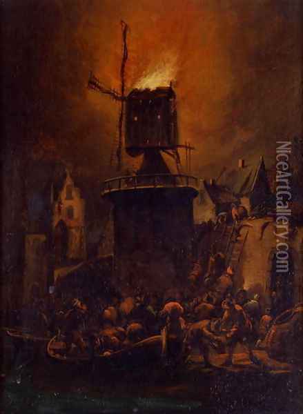 The Burning Windmill, 1662 Oil Painting - Adriaen Lievensz van der Poel